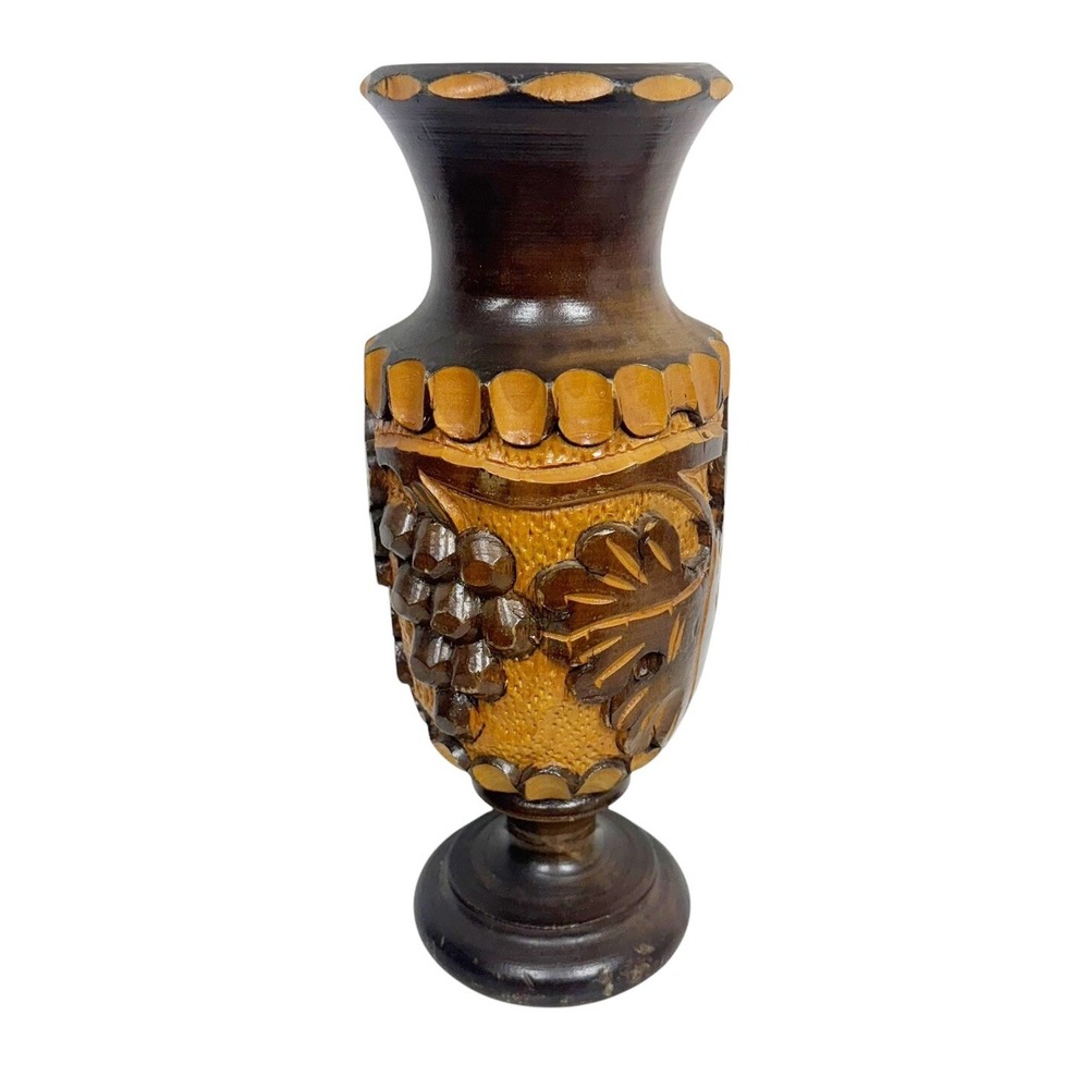 Wooden Handcrafted Hand Carved Vase Grapes,‎ Leaves, Flower - Beautiful!